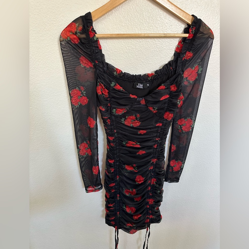 Tiger Mist Black Dress with Red Floral and rouch Design